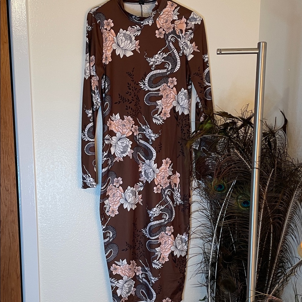 SHEIN Brown Floral Dragon Long Sleeve bodycon Dress